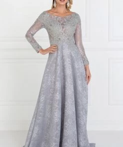Long Silver Lace Dress With Lace Sleeves By Elizabeth K GL1537 Prom