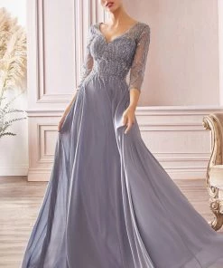 3/4 Sleeve Chiffon Gown By Cinderella Divine CD0171 Prom