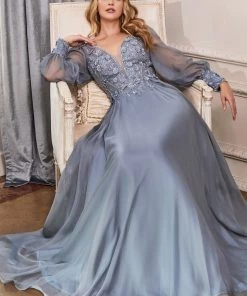 Prom Long Sleeve Chiffon Gown By Cinderella Divine CD0183