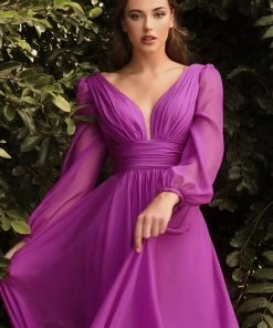 Long Sleeve Chiffon Gown By Cinderella Divine CD0192 Prom