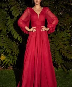 Long Sleeve Chiffon Gown By Cinderella Divine CD0192 Prom