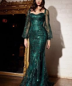 Long Sleeve Glitter Print Gown By Cinderella Divine J816