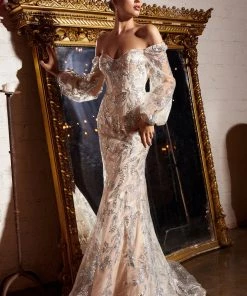Long Sleeve Glitter Print Gown By Cinderella Divine J816