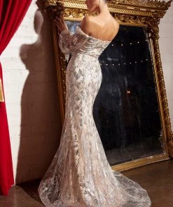 Long Sleeve Glitter Print Gown By Cinderella Divine J816