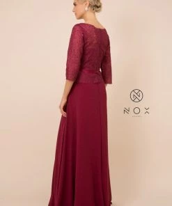 Long-Sleeve Gown With Beaded Lace Bodice By Nox Anabel M520