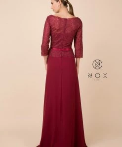 Long-Sleeve Gown With Beaded Lace Bodice By Nox Anabel M520