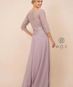 Long-Sleeve Gown With Beaded Lace Bodice By Nox Anabel M520