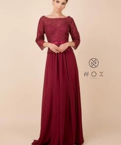Long-Sleeve Gown With Beaded Lace Bodice By Nox Anabel M520