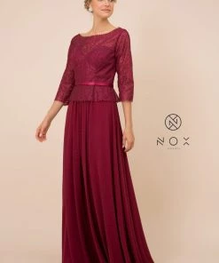 Long-Sleeve Gown With Beaded Lace Bodice By Nox Anabel M520