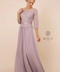 Long-Sleeve Gown With Beaded Lace Bodice By Nox Anabel M520