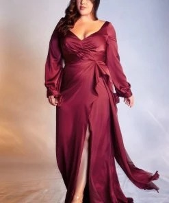 Prom Long Sleeve Satin Curve Gown By Cinderella Divine 7478C 18 Prom Long Sleeve Satin Curve Gown By Cinderella Divine 7478C