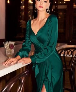 Long Sleeve Satin Gown By Cinderella Divine 7478