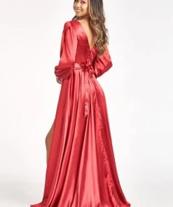 Prom Long Sleeve Shiny Satin Gown By Elizabeth K GL1990