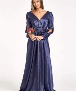 Prom Long Sleeve Shiny Satin Gown By Elizabeth K GL1990