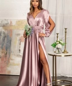 Prom Long Sleeve Shiny Satin Gown By Elizabeth K GL1990