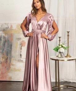 Prom Long Sleeve Shiny Satin Gown By Elizabeth K GL1990