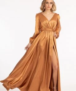 Prom Long Sleeve Shiny Satin Gown By Elizabeth K GL1990
