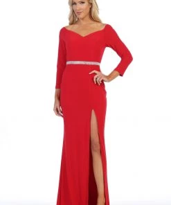 Prom Long Sleeved V-Neck Gown With Side Slit By Celavie 6410