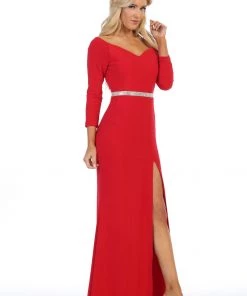 Prom Long Sleeved V-Neck Gown With Side Slit By Celavie 6410