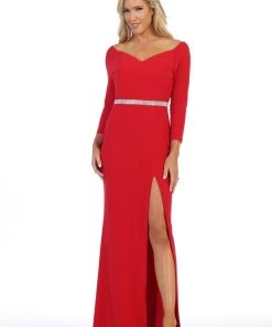 Prom Long Sleeved V-Neck Gown With Side Slit By Celavie 6410