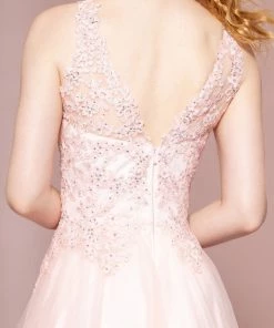 Long Sleeveless A-Line Dress With Sheer Lace Top By Elizabeth K GL2693 Prom