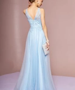 Long Sleeveless A-Line Dress With Sheer Lace Top By Elizabeth K GL2693 Prom