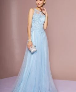 Long Sleeveless A-Line Dress With Sheer Lace Top By Elizabeth K GL2693 Prom