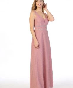 Long Sleeveless A-line Metallic Dress By Celavie 6495L Prom