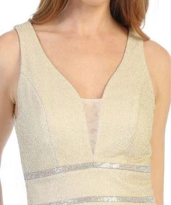 Long Sleeveless A-line Metallic Dress By Celavie 6495L Prom