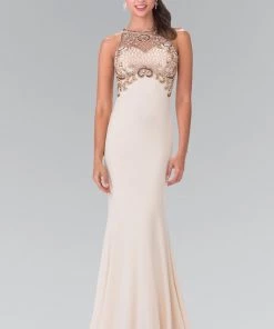 Long Sleeveless Beaded Illusion Dress By Elizabeth K GL1303 Prom