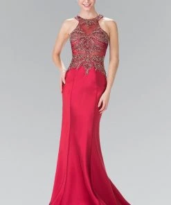 Long Sleeveless Beaded Illusion Dress By Elizabeth K GL2325 Prom