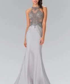 Long Sleeveless Beaded Illusion Dress By Elizabeth K GL2325 Prom