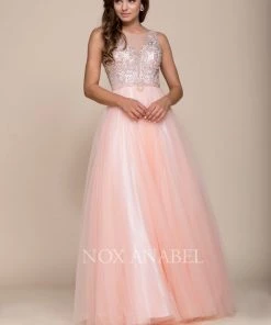 Beaded Long Sleeveless Illusion Dress By Nox Anabel 8248