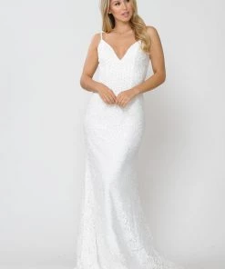 Long Sleeveless Beaded Lace Mermaid Dress By Poly USA 8590