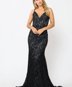 Long Sleeveless Beaded Lace Mermaid Dress By Poly USA 8590