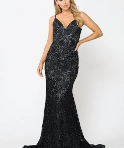 Long Sleeveless Beaded Lace Mermaid Dress By Poly USA 8590