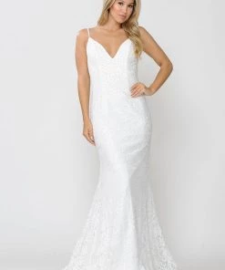 Long Sleeveless Beaded Lace Mermaid Dress By Poly USA 8590