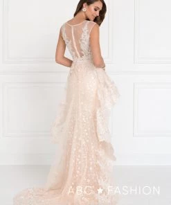 Long Sleeveless Champagne Lace Dress By Elizabeth K GL1584