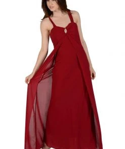 Long Sleeveless Chiffon Dress With Brooch By Poly USA
