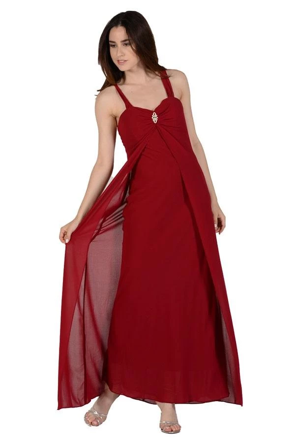 Long Sleeveless Chiffon Dress With Brooch By Poly USA 3 Long Sleeveless Chiffon Dress With Brooch By Poly USA