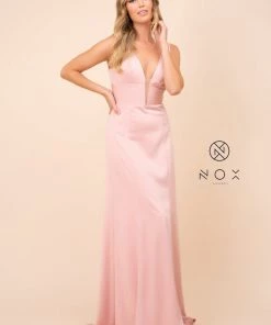 Long Sleeveless Dress With Deep V-Neckline By Nox Anabel Q010 Prom