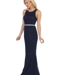 Long Sleeveless Dress With Floral Lace Bodice By Celavie 6253-L