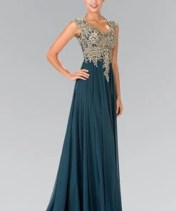 Long Sleeveless Dress With Gold Applique By Elizabeth K GL2229 Prom
