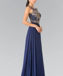 Prom Long Sleeveless Dress With Gold Applique By Elizabeth K GL2316