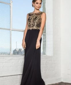 Prom Long Sleeveless Dress With Gold Applique By Elizabeth K GL2316