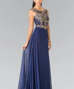 Prom Long Sleeveless Dress With Gold Applique By Elizabeth K GL2316