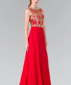 Prom Long Sleeveless Dress With Gold Applique By Elizabeth K GL2316