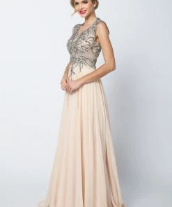 Long Sleeveless Dress With Lace Applique Bodice By Juliet 653 Prom