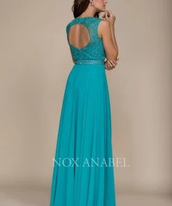 Long Sleeveless Dress With Lace Bodice By Nox Anabel Y101 Prom 22 Long Sleeveless Dress With Lace Bodice By Nox Anabel Y101 Prom