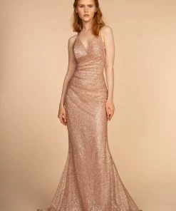 Long Sleeveless Glitter Dress With Corset Back By Elizabeth K GL2586 Prom